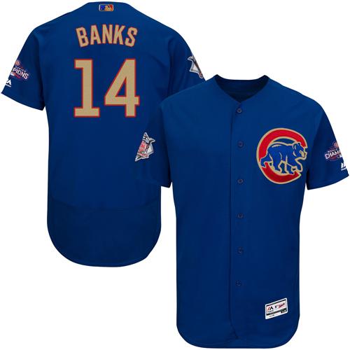 Cubs #14 Ernie Banks Blue Flexbase Authentic Gold Program Stitched MLB Jersey - Click Image to Close